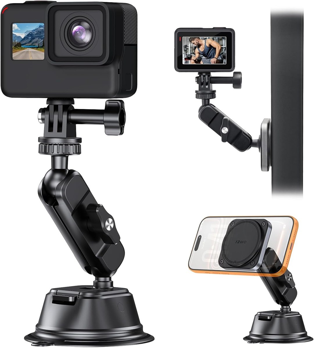 1Zero Dual Suction Cup Mount for Action Cameras and iPhone